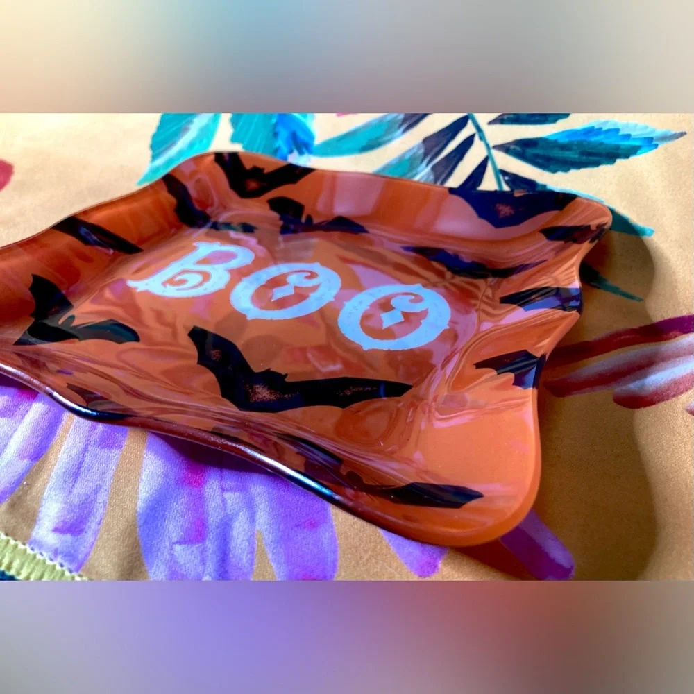 Orange and Black Glass Halloween BOO Bat Dish Creepy Cute Decor